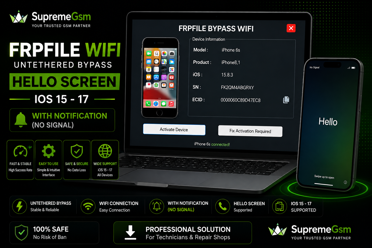 FRPFILE WIFI Untethered Bypass Hello Screen iOS 15 - 17 with Notification (no Signal)